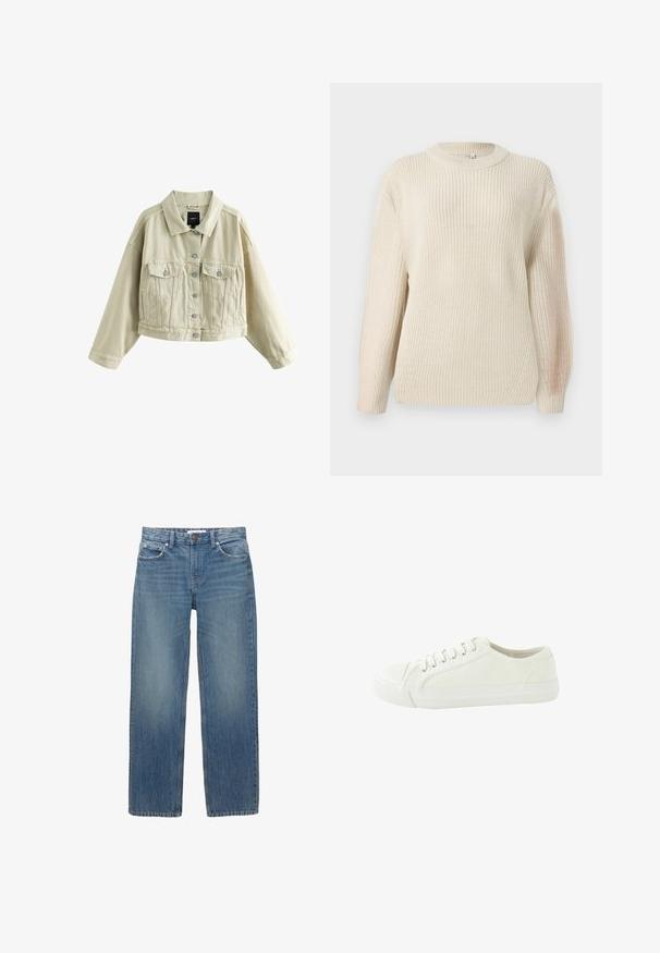 Beige cropped denimjakke med lange ærmer, knaplukning foran, to brystlommer med klap og to sidelommer med slidser.; Chunky-strikket cremefarvet sweater med rund halsudskæring, forlængede ærmer og en tekstureret finish. Har diskret ribstrik og en afslappet pasform.; Lysblå denimjeans med lige snit, fem lommer og hardware i kobberfarve. Stoffet har en let falmning og en glat tekstur.; Hvid lærreds sneakers med rund tå, flad snørebånds design, gummisål og glat tekstur. Har minimal syning og ingen synlige mønstre.