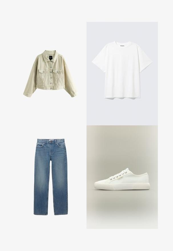 Veste en denim beige courte avec manches longues, fermeture boutonnée devant, deux poches poitrine à rabat et deux poches latérales fendues.; T-shirt blanc à manches courtes, col rond, coupe décontractée et étiquette "WEEKDAY" à l’intérieur du dos du col.; Jeans en denim bleu clair à coupe droite, avec cinq poches et des éléments en métal de couleur cuivrée. Le tissu présente une légère décoloration et une texture douce.; Baskets basses blanches en toile avec semelle en caoutchouc texturée, lacets blancs et petite étiquette Calvin Klein sur le côté.