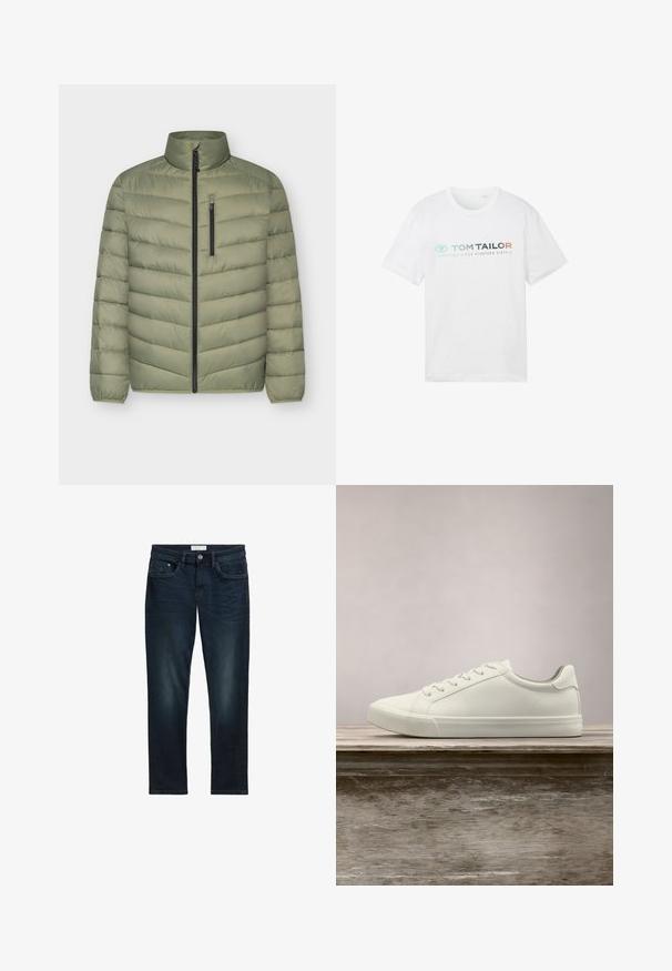 Hellgrüne gesteppte Jacke mit hohem Kragen, durchgehendem Reißverschluss vorne und vertikalem Reißverschluss an der Brusttasche, langen Ärmeln mit elastischen Bündchen.; Weißes Baumwoll-T-Shirt mit Rundhalsausschnitt, kurzen Ärmeln und Frontdruck: "TOM TAILOR" mit "ESSENTIALS SINCE NINETEEN SIXTY-2."; Dunkelblaue Denim-Jeans mit slim Fit, ausgestattet mit fünf Taschen, einem Knopfverschluss und subtilen Ausbleichungen auf der Vorderseite für eine strukturierte Optik.; Weiße Schnürsneaker, die über einer Holzbank mit grünem Laub im Hintergrund schweben und das Schuhdesign sowie die Textur zeigen.