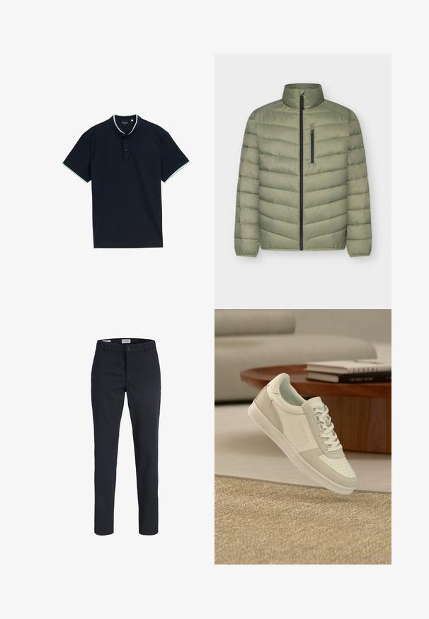 Hellgrüne gesteppte Jacke mit hohem Kragen, durchgehendem Reißverschluss vorne und vertikalem Reißverschluss an der Brusttasche, langen Ärmeln mit elastischen Bündchen.; Marineblaues Poloshirt aus strukturiertem Stoff, mit Stehkragen, drei Knöpfen und hellblauen Akzenten am Kragen und den Ärmeln.; Schwarze Herren-Slim-Fit-Hose mit Knopf- und Reißverschluss, Gürtelschlaufen und Vordertaschen.; Weißer und hellgrauer Sneaker mit Schnürsenkeln, in der Luft schwebend über einem strukturierten beigen Teppich und vor einem Holztisch mit gestapelten Büchern.