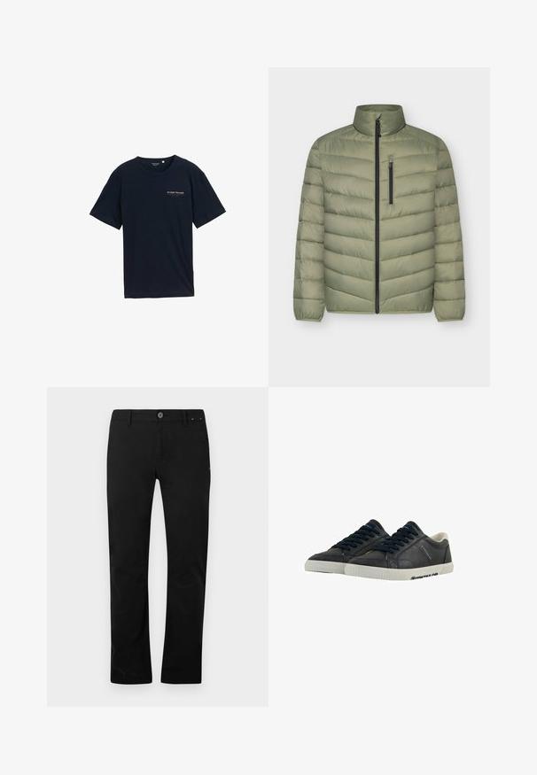 Lichtgroene gewatteerde jas met hoge kraag, volledige ritssluiting aan de voorkant en verticale borstzak met rits, lange mouwen met elastische manchetten.; Navyblauwe katoenen T-shirt met een ronde halslijn en korte mouwen. Kenmerkt zich door een klein rood tekstlogo op de borst. Regular fit, soepele textuur.; Zwarte rechte pantalons met knoop- en ritssluiting, riemlussen en zijzakken, gepresenteerd op een witte achtergrond.; Marine leren sneakers met witte rubberen zolen, ronde neus en zwarte veters. Subtiele texturen en branding aan de zijkanten. Casual ontwerp.