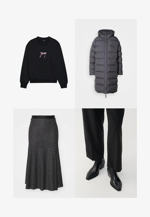 Lange grijze pufferjas met capuchon, voorzien van horizontale quilt, ritssluiting en een trekkoord voor een verstelbare pasvorm aan de zoom.; Zwarte sweatshirt van zacht materiaal, met een roze geborduurde strik aan de voorkant. Ronde halslijn, lange mouwen en geribbelde manchetten.; Zwarte glinsterende uitlopende rok met een gladde tailleband, gemaakt van gestructureerd materiaal, met een langere achterkant en een subtiele glans.; Zwarte leren enkellaarzen met een spitse neus, een gladde textuur en een vierkante hak. Gecombineerd met zwarte, wijde broekspijpen, wat een stijlvolle silhoutte creëert.