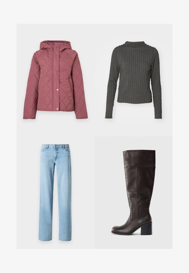 Gepolsterte Steppjacke in Staubrosa mit Kapuze, Druckknöpfen und Rautenmuster. Hergestellt aus glattem synthetischem Material.; Graues langärmliges Rollkragenshirt mit einem strukturierten Design und wellenförmigen Mustern, gefertigt aus einem weichen Stoff.; Helles blauer Denim-Jeans, gerade geschnitten, mit fünf Taschen und einem vorderen Knopfverschluss. Glatte Textur mit subtilen Ausbleichungen.; Braune Lederkniehohe Stiefel mit abgerundeter Spitze und gestapeltem Absatz. Merkmale sind eine glatte Oberfläche und seitliche Nähte.