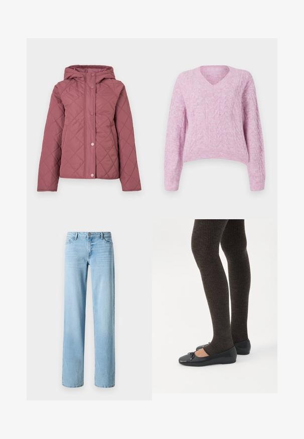Gepolsterte Steppjacke in Staubrosa mit Kapuze, Druckknöpfen und Rautenmuster. Hergestellt aus glattem synthetischem Material.; Helles rosa, verkürzter Pullover mit V-Ausschnitt, langen Ärmeln und strukturiertem Zopfmuster. Weiches, flauschiges Material mit geripptem Saum.; Helles blauer Denim-Jeans, gerade geschnitten, mit fünf Taschen und einem vorderen Knopfverschluss. Glatte Textur mit subtilen Ausbleichungen.; Beine in dunklen, gerippten Leggings kombiniert mit schwarzen Ballerinas mit kleinen Schleifendetails auf weißem Hintergrund.