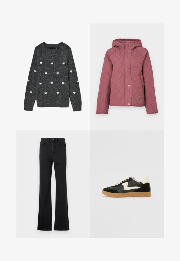 Veste matelassée rembourrée en rose poudré avec capuche, fermetures à pression et motif losange. Fabriquée en matière synthétique lisse.; Pull gris à col rond et manches longues, avec un motif répété de petits cœurs blancs sur toute la surface. Tissu à la texture douce.; Jeans en denim noir taille haute avec bouton avant, passants de ceinture et jambes légèrement évasées sur fond blanc.; Baskets en daim et cuir noir avec un swoosh latéral crème et un talon crème clair. Dotées de lacets beige et d'une semelle en caoutchouc gomme.