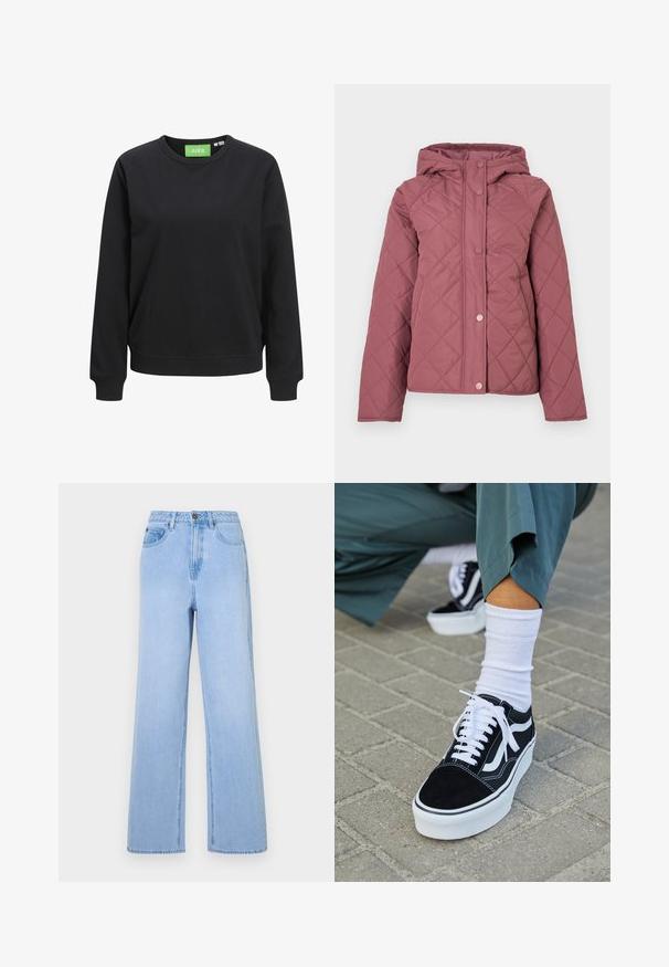Pehme polsterdatud jope hallikasroosas toonis, kapuutsiga, trukikinnitustega ja teemantmustriga. Valmistatud siledast sünteetilisest materjalist.; Mustast puuvillast crewneck-sviitrist. Omad ribakäised ja alumine äär, kaeluses on roheline sildike "JJXX".; Heledad sinine kõrge vöökohtaga teksapüksid, millel on lai jalgade disain, valmistatud denimist. Omab silmatorkavat õmblustööd ja viit taskut.; Mustjad sametist tennisjalanõud valgete aktsentide ja nööridega, millel on paks valge tald ja kontrastsed õmblused, koos valge sokiga.