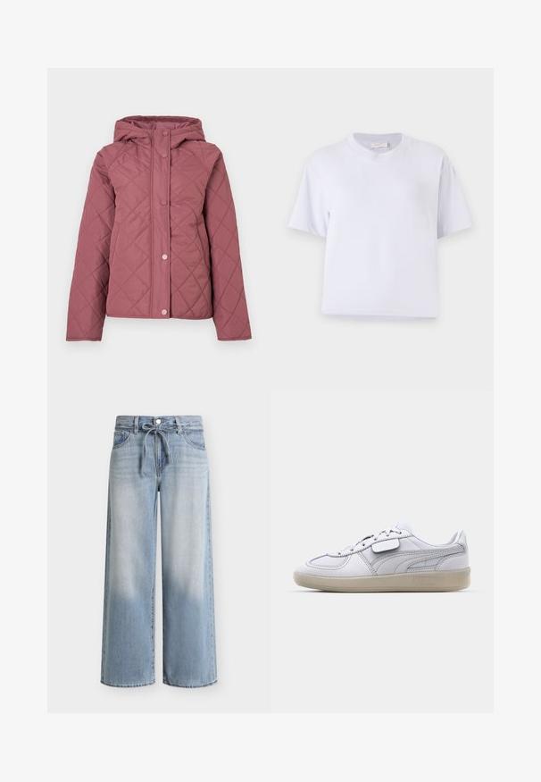 Veste matelassée rembourrée en rose poudré avec capuche, fermetures à pression et motif losange. Fabriquée en matière synthétique lisse.; T-shirt en coton blanc avec une coupe décontractée, des manches courtes, un col rond et sans motifs ni embellissements visibles. Texture lisse.; Jeans larges bleu clair avec délavage sur les cuisses, fermeture par bouton frontal et zip, passants pour ceinture, et cordon noué à la taille.; Baskets blanches en cuir avec des accents gris, fermeture à lacets et semelle en caoutchouc texturée. Présente un logo bien en vue sur le côté.