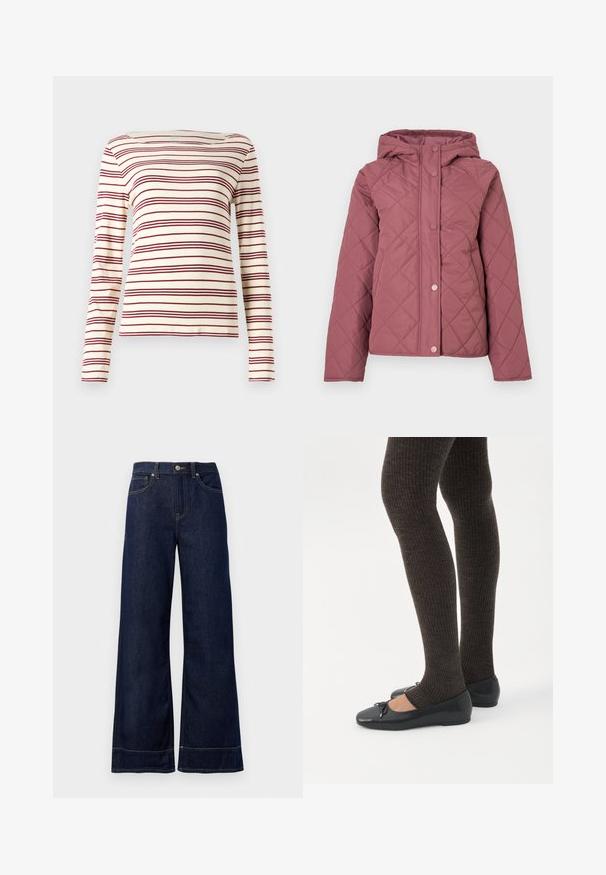 Polstret quiltet jakke i støvet rosa med hætte, trykknapper og diamantmønster. Fremstillet af blødt syntetisk materiale.; Langærmet top i creme med maroon vandrette striber; bådudskæring; blødt stof; tætsiddende design med let stræk.; Mørkeblå brede jeans lavet af denim. Har en knaplukning, stikninger og sidelommer. Udfoldet nederste kant.; Ben iført mørke ribbede leggings kombineret med sorte balletsko med små sløjfedetaljer på hvid baggrund.