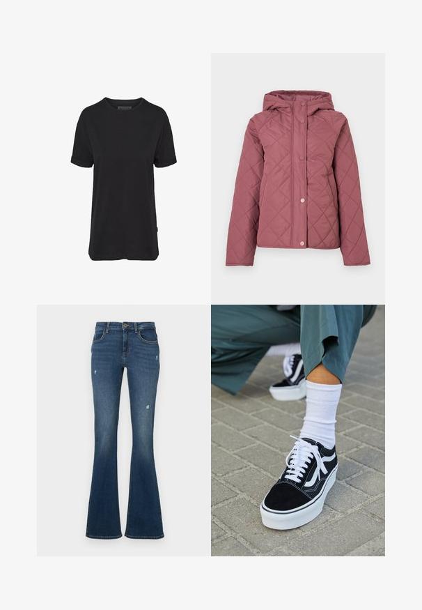 Gepolsterte Steppjacke in Staubrosa mit Kapuze, Druckknöpfen und Rautenmuster. Hergestellt aus glattem synthetischem Material.; Schwarzes Baumwoll-T-Shirt mit kurzen Ärmeln, rundem Halsausschnitt und aufgerollten Bündchen; mit einem dezenten Markenlabel am seitlichen Saum.; Jeans aus dunkelblauem Denim mit ausgestelltem Bein und abgenutzten Stellen. Verfügt über fünf Taschen und einen Reißverschluss. Mittelgewichtiger Stoff mit glatter Textur.; Schwarze Wildledersneaker mit weißen Akzenten und Schnürsenkeln, ausgestattet mit einer dicken weißen Sohle und kontrastierenden Nähten, kombiniert mit einer weißen Socke.