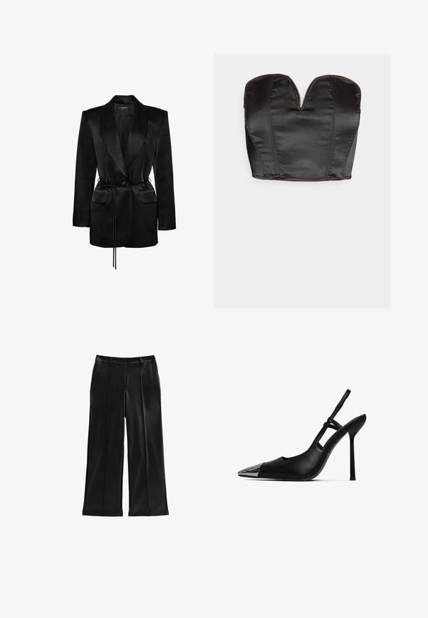 Schwarzer Satin-Blazer mit breiten Revers, langen Ärmeln, Pattentaschen, Ein-Knopf-Verschluss und dünnem, gebundenem Gürtel in der Taille.; Vero Moda VMSALLY CROPPED SIMILI CORSAGE - Top - black; Schwarze, faux-lederne Weite-Bein-Hosen mit Falten, Fronttaschen, einer glatten Textur und einer maßgeschneiderten Passform. Verfügt über eine hüfthohen Bund.; Schwarzer Slingback-Pump mit spitzem Zeh und glänzender metallischer Kappe. Verfügt über einen hohen Stiletto-Absatz und einen schmalen Knöchelriemen. Glatte Lederoberfläche.