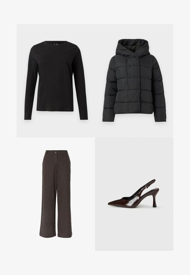 Sort polstret jakke med hætte, som har et quilted design, lige snit og glat tekstur. Lynlåsløs frontlukning.; Sort langærmet t-shirt lavet af bomuld med rund hals. Har en glat tekstur og et simpel design, velegnet til afslappet brug.; Mørkegrå højttaljede bukser med vide ben og lukning foran med knap og lynlås, lavet af struktureret stof.; Brune patenterede læderslingback-sandaletter med spids tå, en tynd hæl og justerbar rem med en lille spænde.