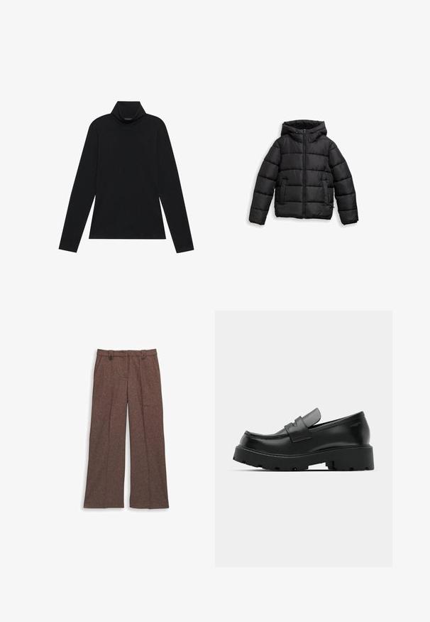 Zwarte pufferjack met een ritssluiting aan de voorkant, verstelbare capuchon, doorgestikte tekstuur en zijzakken voor warmte en functionaliteit. Zacht, glanzend materiaal.; Zwarte langetermijn turtleneck. Zachte stof, getailleerd design, hoge kraag en zijnaad. Eenvoudige en veelzijdige stijl die geschikt is voor het laagjes dragen.; Bruine wijde broek van gestructureerde stof. Heeft twee voorzakken en een op maat gemaakte pasvorm met twee knopen op de tailleband.; Zwarte leren instappers met een chunky, gestructureerde zool, voorzien van een band over de voet en een gladde, gepolijste afwerking.