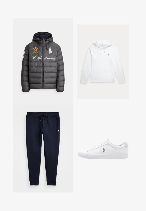 Pufovaná bunda z tmavosivej nylonovej látky s horizontálnym prešívaným vzorom. Má kapucňu, predný zips, vyšívané logo a číslovanú nášivku na rukáve.; Biela mikina s kapucňou a dlhými rukávmi, so šnúrkami a malým tmavomodrým logom hráča póla na ľavej strane hrudníka.; Námornícky modré teplákové nohavice s pásikom na sťahovanie v páse, bočnými vreckami, lemovanými členkami a malým bielym logom koňa na pravom stehne.; Biele plátenné tenisky s nízkym strihom, ktoré majú béžový opasok na päte a malé vyšívané logo na boku. Gumová podrážka.