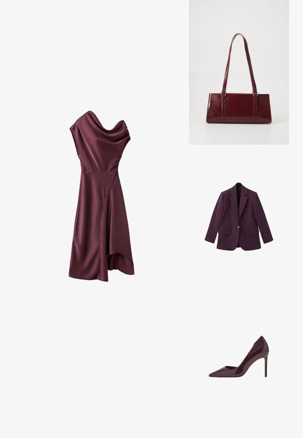 Violet blazer gemaakt van soepele stof, met een geknipt revers, enkele knoopsluiting en twee voorzakken. Gestructureerde pasvorm.; Asymmetrische donkerpaarse satijnen mouwloze jurk met gedrapeerde halslijn en high-low zoom.; Bordeaux patentleren hoge hakpumps, ontwerp met spitse neus, slanke silhouet en stilettohak. Gladde textuur met glanzende afwerking.; Bourgondische handtas van glanzend materiaal, rechthoekige vorm, met twee schouderbanden en subtiele gebogen accenten aan de voorkant.