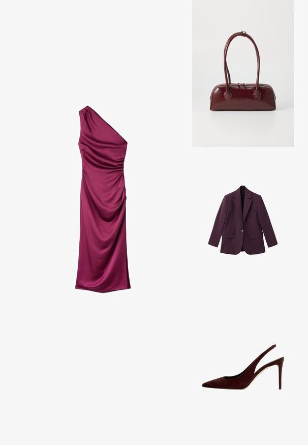 Violet blazer lavet af glat stof, med spids revers, enkelt knaplukning og to frontlommer. Struktureret pasform.; Én skulder kjole i dyb magenta, lavet af glat stof med draperede detaljer på den ene side og samlet tekstur ved taljen.; Mørkerød suede slingback pump med spids tå og stiletto hæl, set fra siden på en hvid baggrund.; Bordeaux læder skuldertaske med en buet form, dobbelt håndtag, lynlås lukning og subtile sømdetaljer. Glat, højglans finish.