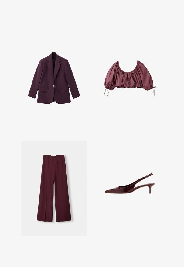 Fialový blazer vyrobený z hladkého materiálu, s klopovým límcom, jednoposuvným zapínaním a dvoma prednými vreckami. Štruktúrovaný strih.; Odrezaná, odhalená blúzka v hlbokej farbe mauve s nazbieranou látkou a elastickými naberanými rukávmi, viazaná na zápästiach.; Burgundské široké nohavice vyrobené z hladkej tkaniny, s predným zapínaním na gombík a čistými záhybmi pre upravený vzhľad.; Lesklá tmavohnedá slingback lodička na nízkom podpätku s špičatou špičkou a nastaviteľným remienkom so sponou.