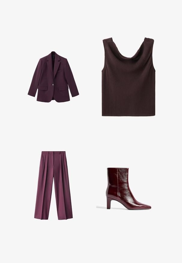 Violet blazer gemaakt van soepele stof, met een geknipt revers, enkele knoopsluiting en twee voorzakken. Gestructureerde pasvorm.; Mouwloze donkerbruine geribbelde gebreide top met brede schouderbanden en een gedrapeerde ronde halslijn.; Donkerpaarse wijde broek gemaakt van zachte stof, met voorplooien en zijzakken, ontworpen met een getailleerde pasvorm voor comfort.; Bordeaux leren enkellaars met een spitse neus, een slank ontwerp en een middelgrote blokhak. Gladde textuur en minimale naaddetails.