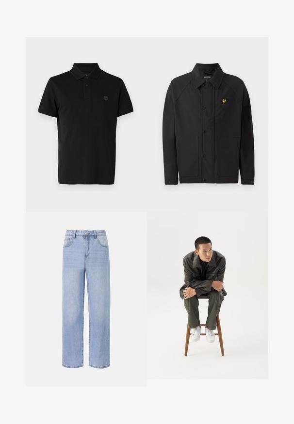 Sort jakke med en struktureret krave, to forlommer og et lille gult ørnelogo. Fremstillet af glat, letvægtsstof.; Sort polo shirt med en foldet krave, to knapper ved halsen og et broderet logo på venstre side af brystet. Korte ærmer.; Lyseblå denimjeans med et afslappet, bredbenet design. Funktioner inkluderer fem lommer, en frontknaplukning og diskret falmning.; Ung mand i mørk læderjakke og jeans sidder på en træskammel, læner sig fremad med armene krydset og kigger til siden mod hvid baggrund.