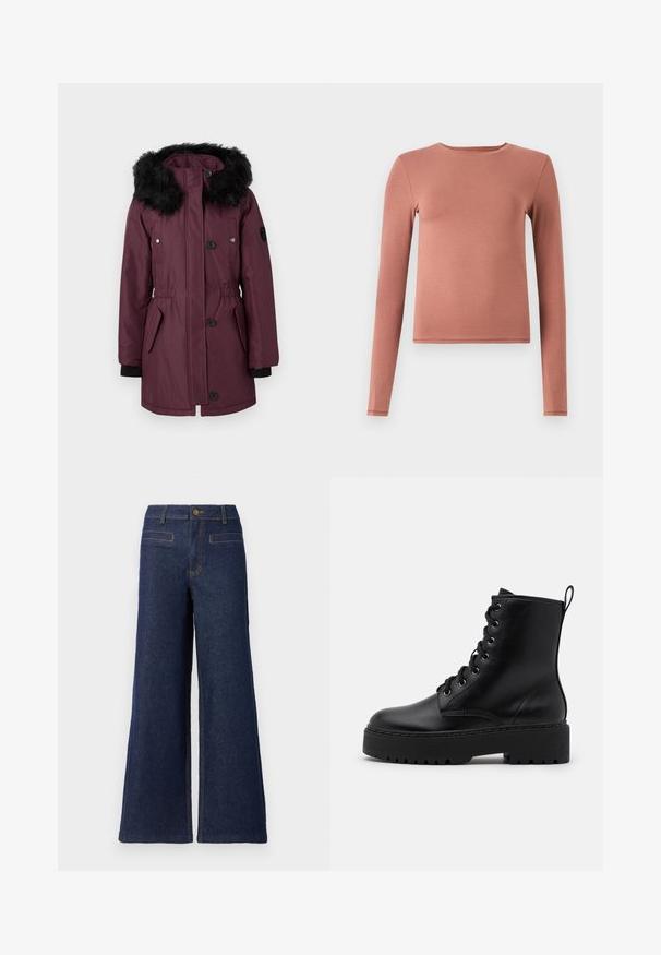 Bordeauxkleurige parka met een capuchon van nepnert, knoopsluitingen, twee voorzakken en elastische manchetten om warme te houden.; Langsleeve top van zachte, rekbare stof in een stoffige rozenkleur. Heeft een ronde hals en een aansluitende pasvorm. Geen patronen of accenten.; Spijkerbroek met hoge taille in donkerblauw, met wijde pijpen, bovenste knoopsluiting en contrasterende oranje stiksels. Twee achterzakken zichtbaar.; Zwarte leren enkelboot met een dikke, gestructureerde zool, ronde neus en metalen oogjes voor veters. Voorzien van een lus aan de achterkant.