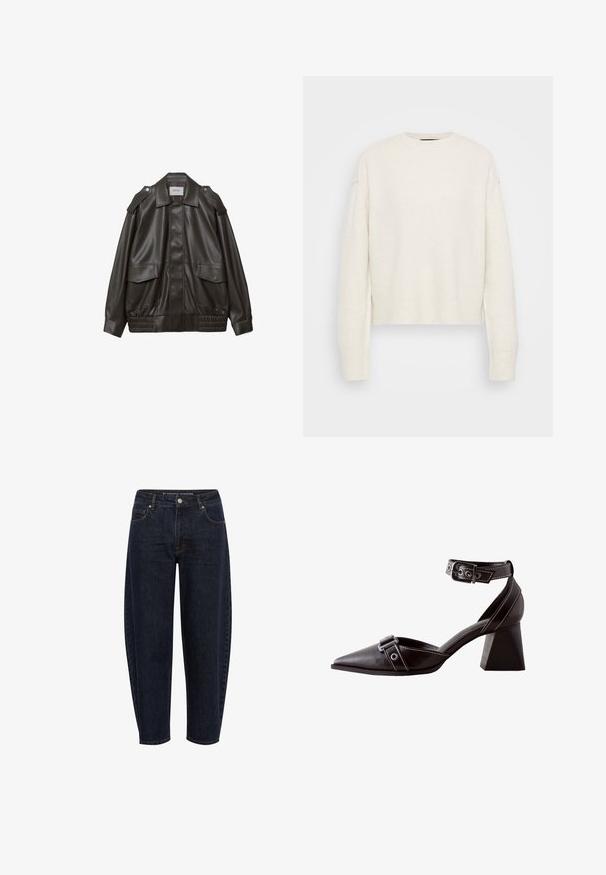 Dunkelbraune Kunstlederjacke mit vorderen Klappentaschen, elastischem Saum, Schulterriemen mit Knöpfen und spitzem Kragen.; Weißer Strickpullover mit Rundhalsausschnitt und lockerer Silhouette. Mit gerippten Bündchen und Saum, aus einem weichen, strukturierten Material gefertigt.; Dunkelblaue Jeans mit hohem Bund und entspannter Passform, mit vorderen Taschen, Knopfverschluss und sichtbaren Nähten auf weißem Hintergrund.; Schwarzer Damenlederpumps mit spitzer Kappe, Blockabsatz und verstellbaren Riemen am Knöchel und vorne mit Metallösen und Schnallen.
