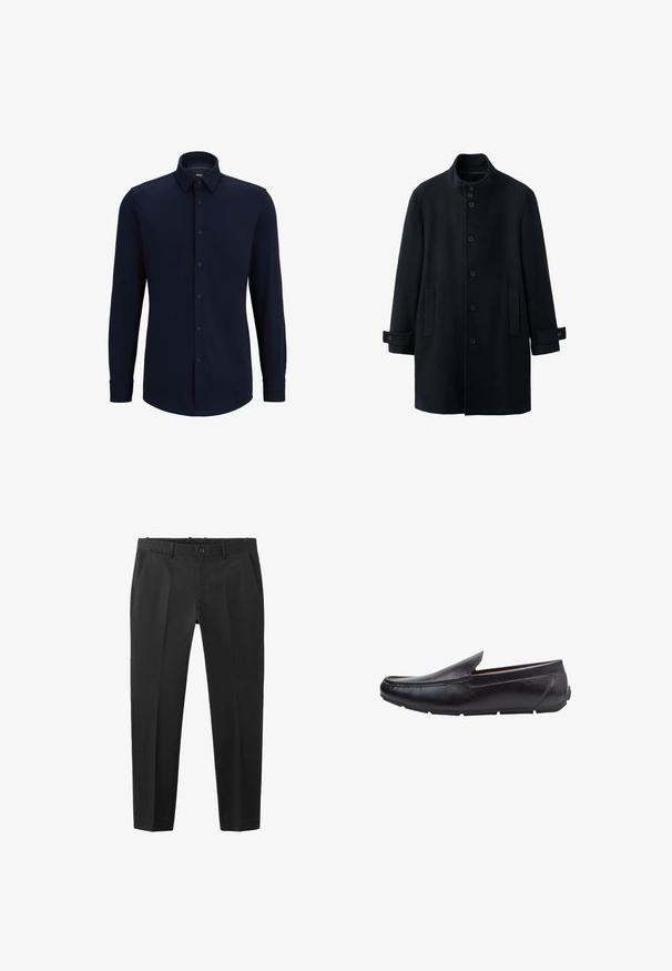 Manteau en laine mélangée bleu marine avec un col montant, quatre boutons sur le devant, deux poches latérales et des poignets réglables. Design classique à coupe droite.; Chemise à manches longues bleu marine, boutonnée, en tissu tissé, avec un col classique, une coupe droite et une fermeture à boutons sur le devant.; Pantalon noir sur mesure avec plis sur le devant, passants pour ceinture, poches latérales et fermeture par bouton à la taille.; Mocassin à enfiler en cuir noir avec bout arrondi et détails cousus, semelle en caoutchouc plate conçue pour un usage décontracté ou professionnel.