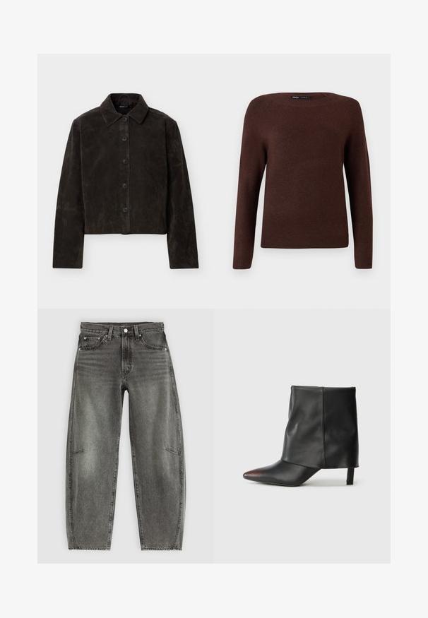 Veste en daim marron foncé à boutons, manches longues et col classique, présentée sur un fond clair uni.; Pull en laine marron tricoté avec un col ras du cou, des manches longues et des détails côtelés aux poignets et à l'ourlet. Texture lisse avec un minimum d'ornements.; Jeans en denim gris délavé taille haute avec cinq poches, fermeture à bouton et coupe droite relaxée.; Bottine noire en cuir lisse avec un bout pointu et un talon effilé. La tige présente un design légèrement froncé.