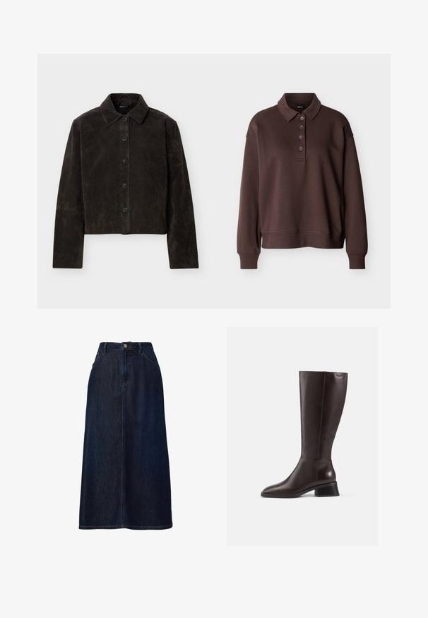 Veste en daim marron foncé à boutons, manches longues et col classique, présentée sur un fond clair uni.; Polo marron à manches longues avec quatre boutons, poignets côtelés et ourlet côtelé sur un fond blanc uni.; Jupe en denim bleu foncé avec une coupe droite, taille haute, fermeture par bouton sur le devant et couture contrastante. Longueur mi-mollet sans embellissements.; Bottes en cuir marron arrivant au genou avec une finition lisse, bout rond et un talon empilé noir. Design simple avec des détails matériels minimaux.