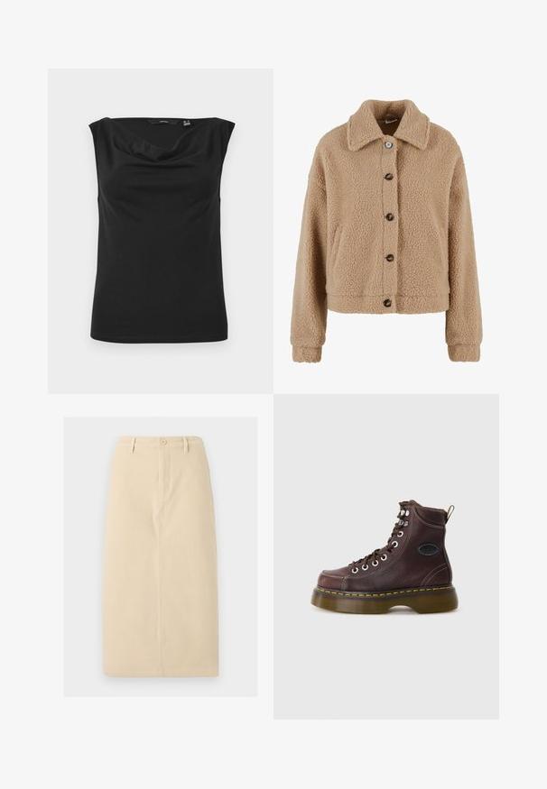 Veste courte en peluche marron avec boutonnage à l'avant, deux poches latérales et un col. Tissu texturé avec une apparence douce et chaleureuse.; Haut noir sans manches en tissu lisse et extensible ; il présente un décolleté drapé et une silhouette ajustée avec un ourlet droit.; Jupe beige jusqu'aux genoux en tissu robuste, dotée d'une fermeture à boutons sur le devant et de détails de couture verticaux subtils.; Bottine en cuir marron avec une surface texturée, œillets en argent et couture jaune. Dispose d'une semelle épaisse translucide et d'une languette.