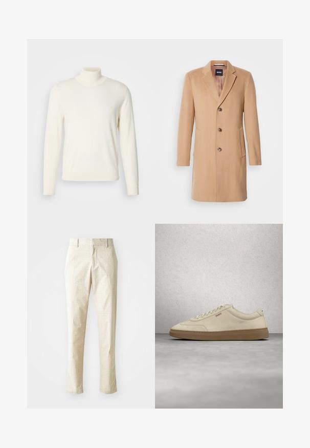 Camel uldblandede frakke med spids krave, enkeltstående knaplukning, tre brune knapper, to sidelommer og glat tekstur.; Lys cremefarvet turtleneck sweater lavet af blødt stof, med lange ærmer og en tætsiddende silhuet, uden synlige mønstre eller udsmykninger.; Lys beige skræddersyede bukser med et tekstureret mønster, lige pasform og medium høj talje, der har bæltestropper og ingen synlige lommer.; Lyse beige ruskindssneaker med gummisål i farven gum, tydelige snørebånd og fine syningsdetaljer. Ren design med et minimalistisk æstetisk udtryk.