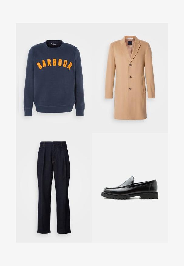 Manteau en mélange de laine couleur chameau avec col cranté, fermeture simple, trois boutons bruns, deux poches latérales et texture lisse.; Sweatshirt bleu marine avec un logo "Barbour" brodé en orange sur la poitrine. Le pull a un col rond et des manches longues.; Jean en denim large à jambes bleues foncées avec des plis devant et des coutures orange, présenté sur fond blanc.; Mocassin en cuir noir avec semelle en caoutchouc épaisse, dessus cousu et nom de marque embossé sur le talon, présenté de profil sur fond blanc.