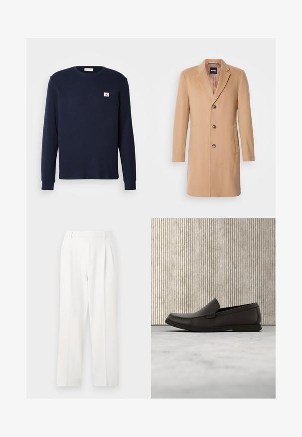 Camel wollen blend jas met een notch-lapel, een enkele sluiting, drie bruine knopen, twee zijzakken en een soepele textuur.; Marineblauwe langemouwen overhemd van gestructureerde stof, met een ronde hals en een klein CK-logo op de linkerborst.; Witte op maat gemaakte broeken met een recht model, voorzien van plooien, een platte voorkant en een gladde stofstructuur. Geen zichtbare zakken of accenten.; Donkerbruine leren instappers met een ronde neus, subtiele stikdetails en een lage rubberen zool. Gladde textuur met een flexibele pasvorm.