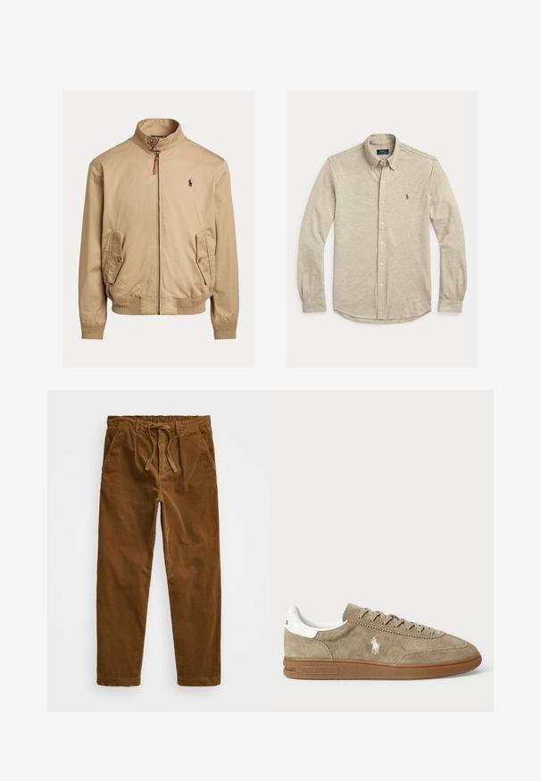 Beige Bomberjacke aus glattem Stoff. Sie verfügt über einen Stehkragen, zwei seitliche Taschen, gerippte Bündchen und ein kleines Logo auf der Brust.; Beiges Langarmhemd mit Knopfleiste und Button-Down-Kragen sowie kleinem gesticktem Logo auf der linken Brust, flach auf weißem Hintergrund gelegt.; Braune Cordhosen mit einem elastischen Bund und Zugband, seitlichen Taschen und geraden Beinen mit strukturiertem Rippenmuster.; Wildledersneaker in Beige mit weißen Akzenten, runder Zehenform und Schnürdesign. Mit eingeprägtem Logo und Gummisohle für besseren Halt.