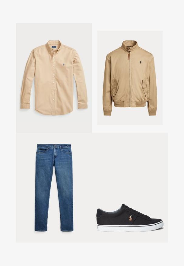 Beige bomberjakke lavet af glat stof. Har en stående krave, to sidelommer, ribstrikkedeærmer og et lille logo på brystet.; Lys beige skjorte med knapper i bomuld, med klassisk krave, lange ærmer, hvide knapper og et lille blåt logo på brystet.; Blå denimjeans med slim fit, der har forlommer, bæltestropper og lukning med knap på hvid baggrund.; Sort lav sneakersko med hvid sål og broderet polo spiller logo på siden, med snørebånd og tekstureret stofoverdel.