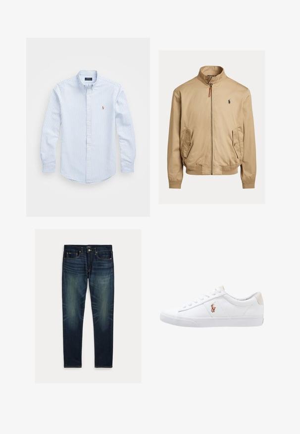 Beige Bomberjacke aus glattem Stoff. Sie verfügt über einen Stehkragen, zwei seitliche Taschen, gerippte Bündchen und ein kleines Logo auf der Brust.; Hellblau und weiß gestreiftes Button-up-Hemd mit Kragen, langen Ärmeln und einem kleinen gestickten Logo auf der Brust. Aus Baumwollmaterial.; Dunkelblaue Slim-Fit-Jeans mit verblassten Details, Fünf-Taschen-Design und Knopfverschluss, flach auf weißem Hintergrund ausgelegt.; Weiße Leinensneaker im Low-Top-Design mit einem beigen Ferseneinsatz und einem kleinen gestickten Logo an der Seite. Gummisohle.