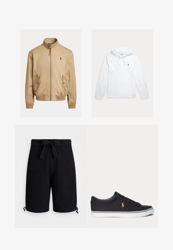 Beige Bomberjacke aus glattem Stoff. Sie verfügt über einen Stehkragen, zwei seitliche Taschen, gerippte Bündchen und ein kleines Logo auf der Brust.; Weißer Kapuzenpullover mit langen Ärmeln, Kordelzügen und kleinem marineblauem Polo-Spieler-Logo auf der linken Brust.; Schwarze Badehose aus leichtem Stoff, mit einem Kordelzug an der Taille und verstellbaren Toggle-Details an den Säumen.; Schwarzer Sneaker mit niedrigem Schaft, weißer Sohle und gesticktem Polospieler-Logo an der Seite, mit Schnürverschluss und strukturiertem Stoff-Obermaterial.