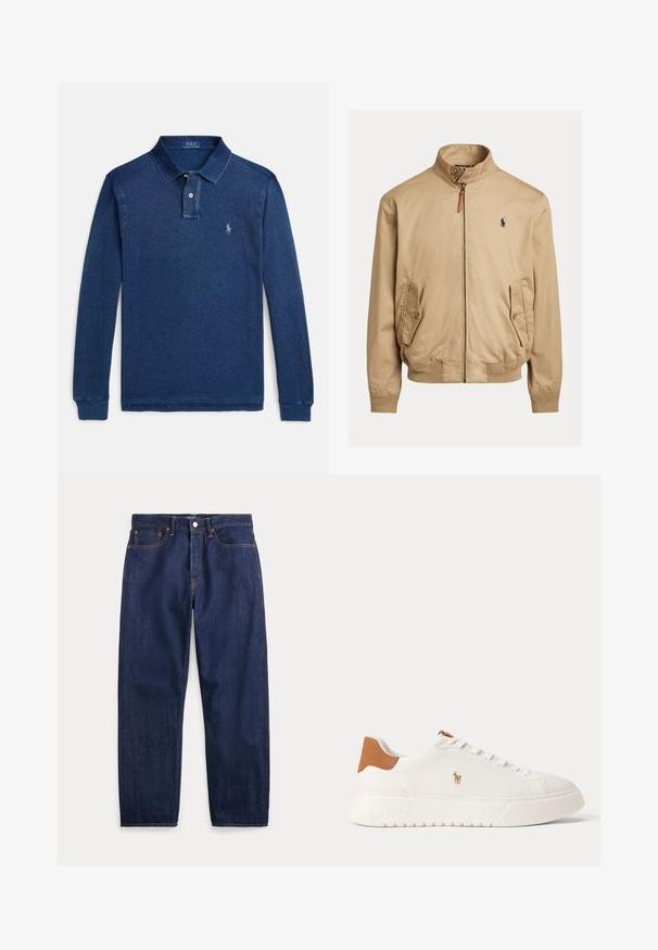 Beige bomber μπουφάν κατασκευασμένο από απαλό ύφασμα. Διαθέτει όρθιο γιακά, δύο πλαϊνές τσέπες, ριμπ μανσέτες και ένα μικρό λογότυπο στο στήθος.; Μπλε σκούρο πόλο μπλούζα με μακριά μανίκια από βαμβακερό μείγμα, με κλασικό γιακά, κούμπωμα με δύο κουμπιά και μικρό κεντημένο λογότυπο στο στήθος.; Σκούρο μπλε τζιν με ίσια μπατζάκια, πέντε τσέπες, κούμπωμα με κουμπί και ορατή ραφή.; Λευκό sneaker χαμηλού προφίλ με ταμπά ταμπάκι στη φτέρνα, λευκά κορδόνια και μικρό κεντητό λογότυπο παίκτη πόλο στη πλευρά πάνω από χονδρό πάτο.