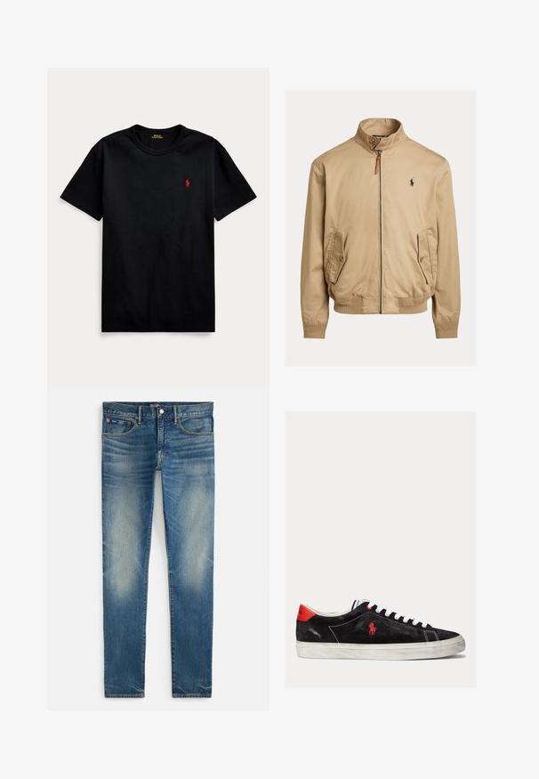 Beige Bomberjacke aus glattem Stoff. Sie verfügt über einen Stehkragen, zwei seitliche Taschen, gerippte Bündchen und ein kleines Logo auf der Brust.; Schwarzes Baumwoll-T-Shirt mit kurzen Ärmeln, Rundhalsausschnitt und kleinem roten gestickten Logo auf der linken Brust. Glatte Textur, lässiges Design.; Blaue, verwaschene Slim-Fit-Jeans mit Knopf- und Reißverschluss, vorne mit Haupt- und kleinem Münztaschen, flach auf weißem Hintergrund liegend dargestellt.; Schwarze Wildleder-Sneaker mit weißen Schnürsenkeln, roten Akzenten an der Ferse und einem kleinen roten Logo. Sie verfügen über eine flache Gummisohle und einfache Nähte.
