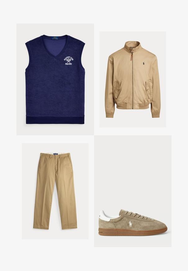 Beež bomber-jakk, mis on valmistatud siledast kangast. Omab püsti kaelust, kahte küljetaskut, soonikkoes mansette ning väikest logo rinnal.; Tumesinine ilma varrukateta polo särk froteematerjalist; sellel on V-kujuline kaelus, ribaga kaelus ja valge logo tennise reketitega.; Beežid puuvillast kangast chinosid. Sirge säärega disain, millel on lame eesmine osa, kaks küljetaskut ja vöökoht, mis sulgub nööbiga.; Tammepunased sneakers, millel on valged aktsendid, ümmargune varvas ja nööridega disain. Omab rikka logot ja kummi tallat, mis tagavad hea haarde.