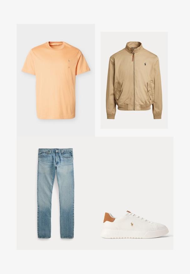 Beige bomber μπουφάν κατασκευασμένο από απαλό ύφασμα. Διαθέτει όρθιο γιακά, δύο πλαϊνές τσέπες, ριμπ μανσέτες και ένα μικρό λογότυπο στο στήθος.; Φωτεινό πορτοκαλί κοντομάνικο μπλουζάκι με στρογγυλή λαιμόκοψη και μικρό κεντητό λογότυπο στο αριστερό στήθος.; Ανοιχτό μπλε τζιν με ίσια γραμμή, πέντε τσέπες, κούμπωμα με κουμπί και λεπτές ξεβαμμένες λεπτομέρειες γύρω από τους μηρούς και τα γόνατα.; Λευκό sneaker χαμηλού προφίλ με ταμπά ταμπάκι στη φτέρνα, λευκά κορδόνια και μικρό κεντητό λογότυπο παίκτη πόλο στη πλευρά πάνω από χονδρό πάτο.