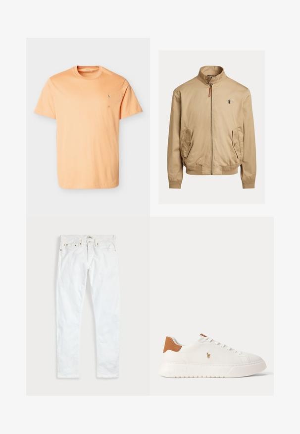 Beige bomber μπουφάν κατασκευασμένο από απαλό ύφασμα. Διαθέτει όρθιο γιακά, δύο πλαϊνές τσέπες, ριμπ μανσέτες και ένα μικρό λογότυπο στο στήθος.; Φωτεινό πορτοκαλί κοντομάνικο μπλουζάκι με στρογγυλή λαιμόκοψη και μικρό κεντητό λογότυπο στο αριστερό στήθος.; Λευκά τζιν σε στενή εφαρμογή με πέντε τσέπες, κούμπωμα με κουμπί και θηλιές για ζώνη, τοποθετημένα επίπεδα σε απλό ανοιχτό φόντο.; Λευκό sneaker χαμηλού προφίλ με ταμπά ταμπάκι στη φτέρνα, λευκά κορδόνια και μικρό κεντητό λογότυπο παίκτη πόλο στη πλευρά πάνω από χονδρό πάτο.