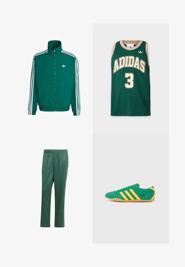 Zelená vetrovka s vysokým golierom, bielym zipsom a troma bielymi pruhmi na rukávoch. Obsahuje malé biele logo na hrudi.; Zelený bezrukávový basketbalový dres Adidas s béžovým lemom, logom Adidas a číslom 3 vpredu.; Zelené športové nohavice vyrobené z hladkej tkaniny, s elastickým pásom, bočnými švami a malým logom na ľavom stehne.; Zelené textilné tenisky s žltými akcentmi a tromi pruhmi, so vzorom cik-cak a podrážkou z gumy.
