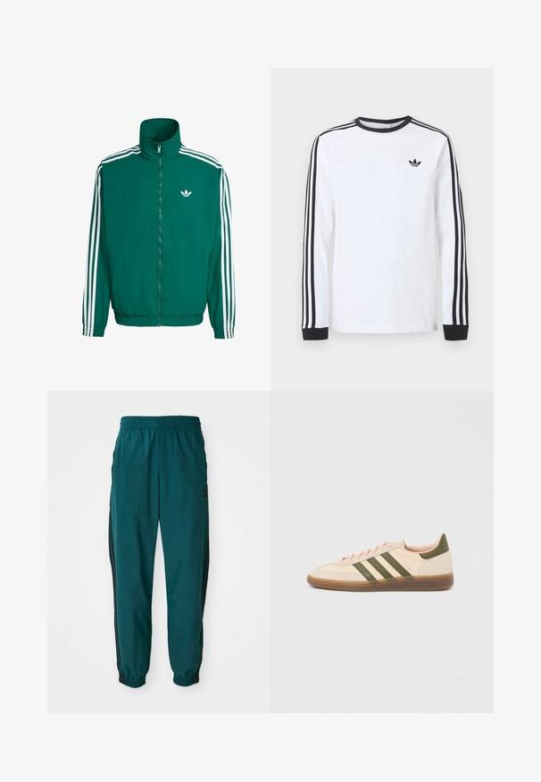 Grøn vindjakke med høj krave, hvid lynlås og tre hvide striber på ærmerne. Har et lille hvidt logo på brystet.; Hvid langærmet Adidas-trøje med sort rund hals, sorte manchetter, tre sorte striber ned langs ærmerne og sort trekløverlogo på brystet.; Teal sportsbukser med snoretræk i taljen, elastiske manchetter og sorte striber på siden. Lavet af letvægtsstof med et logo nær hoften.; Beige Adidas Spezial sneaker med lav profil, grønne striber, gummisål og "SPEZIAL"-branding på siden, vist fra ydersiden.