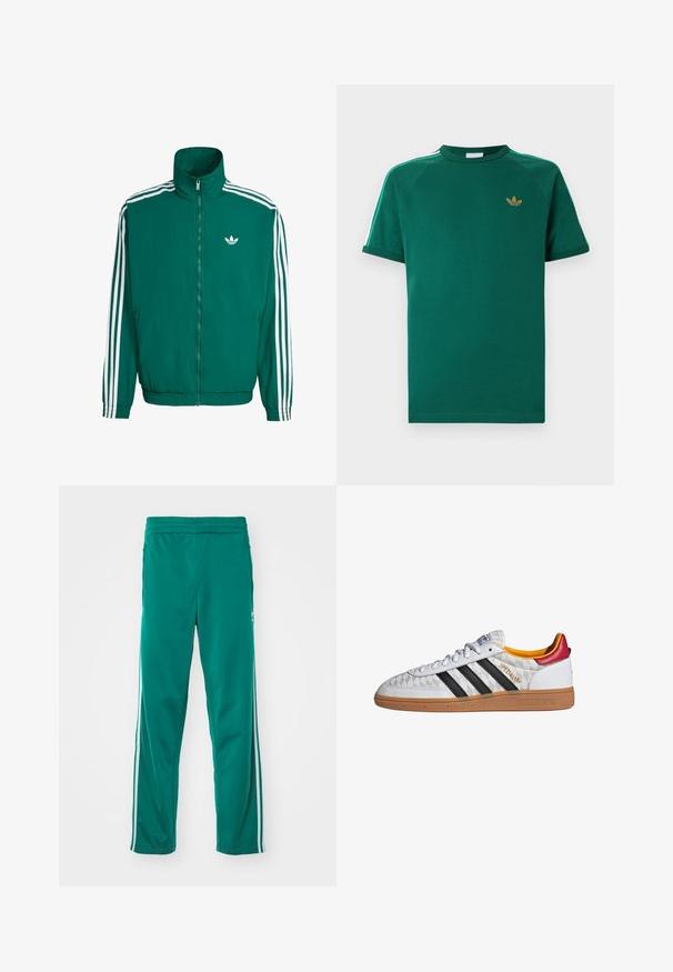 Groene windbreaker met hoge kraag, witte rits en drie witte strepen op de mouwen. Voorzien van een klein wit logo op de borst.; Groen Adidas T-shirt met korte mouwen en ronde hals, goudkleurig trefoil-logo op de borst, en witte strepen met groene randen langs de schouders.; Groene trainingsbroek met een gladde textuur, voorzien van een witte zijstreep en een elastische tailleband. Rechtonder ontwerp.; Witte Adidas Spezial sneaker met zwarte strepen, gumzool, doorgestikt patroon, rood hielstuk en gele voering, zijaanzicht.