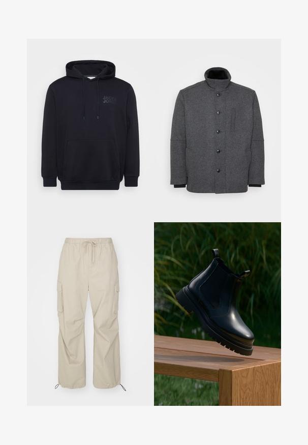 Dunkelgraue gepolsterte Jacke aus strukturiertem Stoff. Sie hat einen hohen Kragen, eine Knopfleiste und seitliche Taschen für Funktionalität.; Schwarzer Hoodie aus Baumwollmischung, mit einer vorderen Kängurutasche, einer Kapuze mit Zugband und einem dezenten Logodesign auf der Brust.; Only & Sons ONSKAZI LOOSE PARACHUTE PANT - Cargohose - chinchilla; Schwarze Leder-Chelsea-Stiefel mit abgerundetem Zehenbereich, dicker Gummisohle und seitlichen elastischen Einsätzen, auf einer Holzoberfläche mit grünem Hintergrund präsentiert.