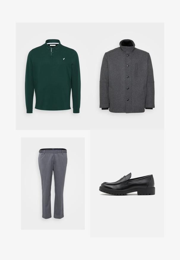 Manteau rembourré gris foncé en tissu texturé. Présente un col haut, une fermeture à boutons et des poches latérales pour plus de fonctionnalité.; Polo à manches longues en coton vert foncé, avec un logo blanc sur la poitrine, une patte de boutonnage à deux boutons et des poignets côtelés.; Pantalons gris sur mesure avec une coupe droite, fabriqués en tissu texturé. Comprend des passants de ceinture et une fermeture éclair.; Mocassins en cuir noir avec un bout arrondi, un design à enfiler et une semelle en caoutchouc épaisse avec une texture antidérapante. Talon surélevé et détails de surpiqûre subtils.