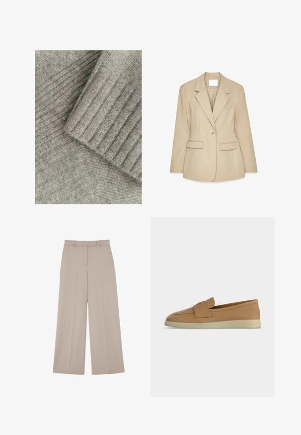 Béžový blazer s textúrovaným povrchom, s klopami, uzatváraním na jeden zlatý gombík a dvoma prednými vreckami. Strih s prispôsobením a štruktúrovaný dizajn.; Mäkká šedá pletenina s rebrovanou textúrou, ktorá obsahuje vrstvené sekcie, z ktorých jedna je hladká a druhá má diagonálny vzor.; Béžové široké nohavice na mieru s ukrytým predným zapínaním a bočnými vreckami, navrhnuté pre formálny alebo business casual vzhľad.; Kožený slip-on mokasín svetlohnedej farby s textúrovaným zvrškom, plochou krémovou podrážkou a dekoračným zlatým detailom na remienku.