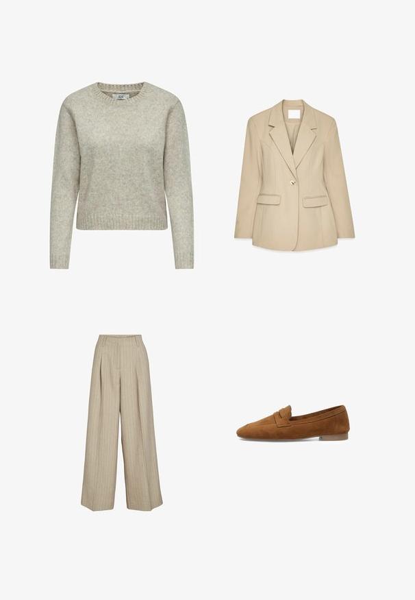 Beige blazer met een gestructureerde afwerking,genoteerde revers, sluiting met één gouden knoop en twee voorzakken. Getailleerde pasvorm en gestructureerd ontwerp.; Lichtbeige vrouwen trui gemaakt van zacht gebreide stof, met een ronde halslijn en ribgebreide manchetten en zoom. Klassiek, recht gesneden ontwerp.; Beige broek met wijde pijpen en verticale krijtstrepen, voorzien van riemlussen, voorplooien en een hoge tailleband.; Bruine suède instappers met een puntige neus, voorzien van een gestikte bovenkant en een lage, platte hak. Soepele textuur met minimale accenten.