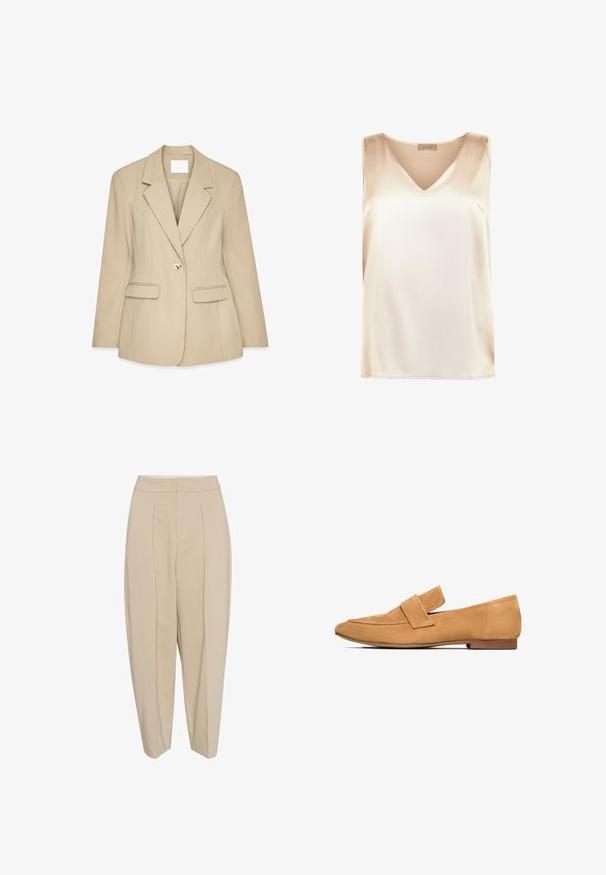 Beige Blazer mit strukturiertem Finish, Reverskragen, einzelner goldener Knopfverschluss und zwei Vordertaschen. Maßgeschneiderte Passform und strukturiertes Design.; Beige ärmelloses Top aus glattem Stoff mit V-Ausschnitt und geradem Saum. Minimalistischer Stil ohne zusätzliche Muster oder Akzente.; Beige maßgeschneiderte Hose mit hoher Taille, gefaltetem Vorderteil und schmal zulaufendem Bein. Der Stoff wirkt glatt mit einem dezenten Glanz. Keine sichtbaren Taschen.; Tan-farbene Wildleder-Loafers mit flachem Absatz, runder Zehenpartie und einem gesteppten Riemen über dem Spann für einen eleganten Abschluss.
