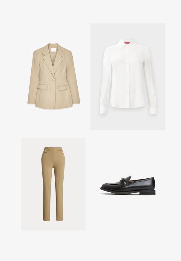 Beige blazer med tekstureret finish, klapkrave, enkelt guldknaplukning og to forlommer. Skræddersyet pasform og struktureret design.; Hvid langærmet skjorte lavet af glat stof, med klassisk krave, knaplukning foran og manchetter. Minimalistisk design uden mønstre.; Beige slim-fit kvindebukser med høj talje, to knapper i siden og en lille lomme med knap nær taljebåndet.; Sorte læder loafers med en rund tå, subtilt design og en guld-tone hardware detalje foran. Flad gummisål.