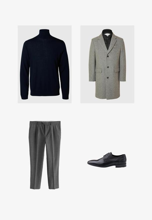 Grau gestreifter Mantel mit Reverskragen, einreihiger Front, schwarzer Innenschicht, zwei vorderen Klappentaschen und geknöpften Verschlüssen.; Marineblauer Rollkragensweater, lange Ärmel, gerippte Bündchen und Saum, aus weichem Stoff mit glatter Textur und minimalistischem Design.; Graue Hose aus strukturiertem Stoff mit geradem Bein, Fronttaschen und Knopfverschluss.; Schwarzer Lederschuh mit spitzer Kappe, Schnürdesign und feinen Nahtdetails. Verfügt über eine glatte Textur und einen niedrigen Absatz.